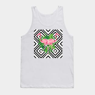 Hand drawn pink flamingo with tropical leaves in mirror image style on geometric background. Tank Top